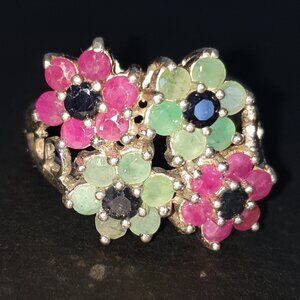 One-of-a-Kind Vintage Natural Emerald, Ruby & Sapphire 925 Silver Statement Ring